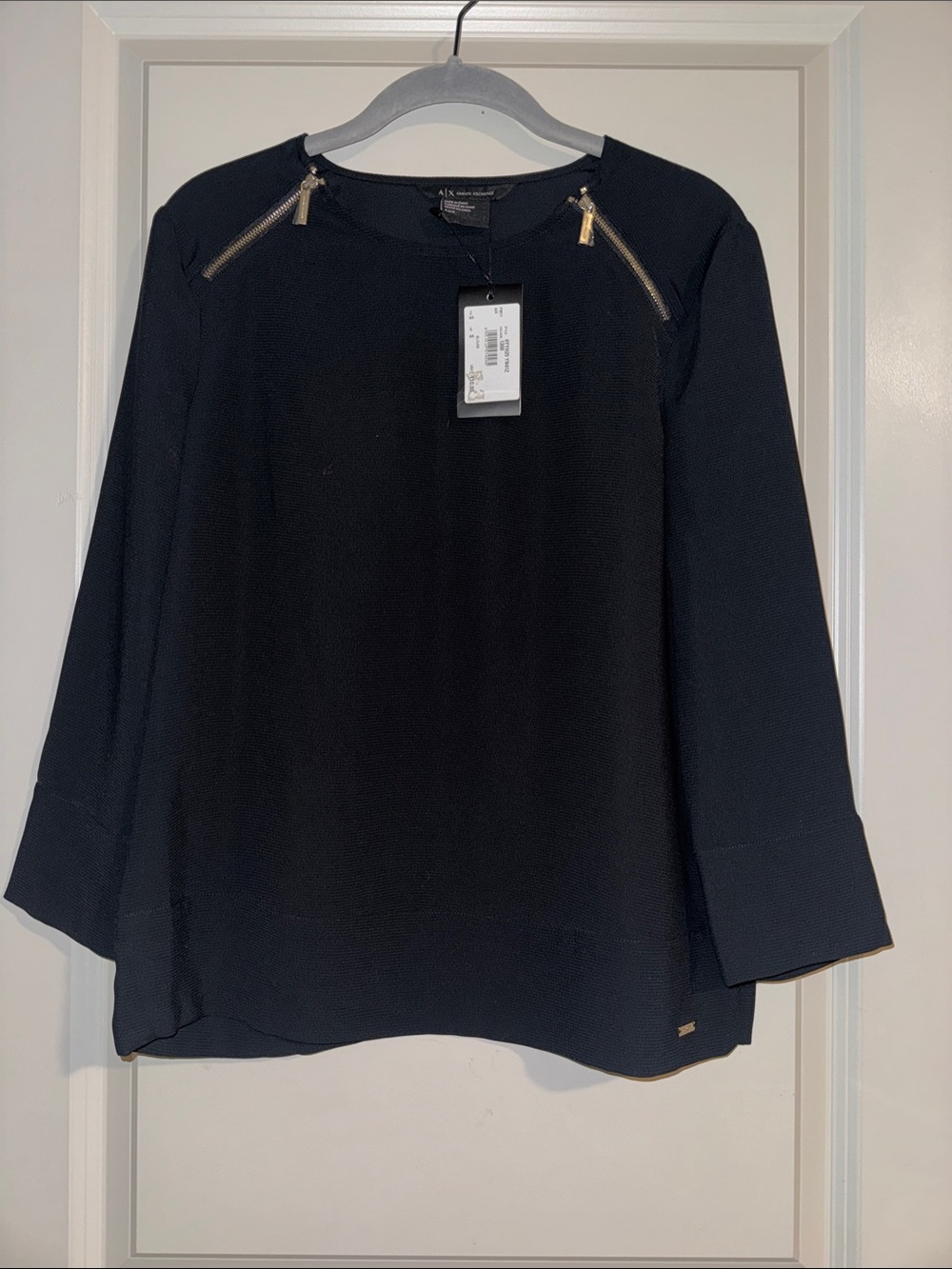 Armani Exchange Black Long-Sleeve Top with Gold Shoulder Zippers